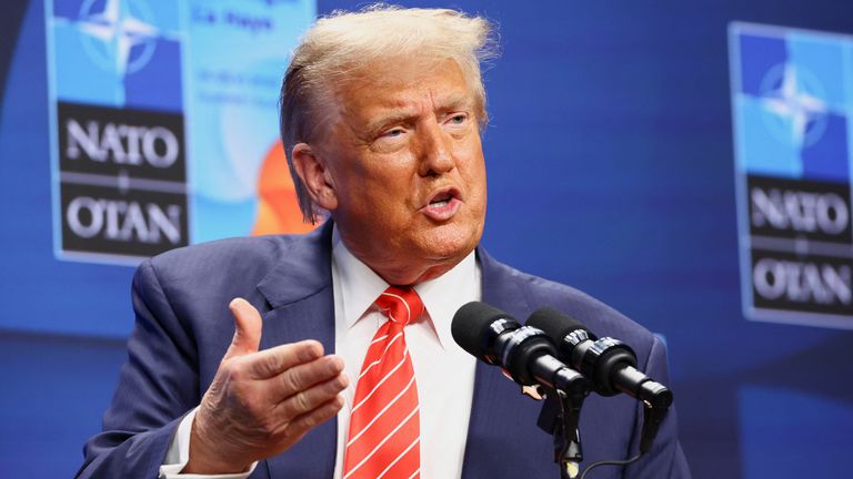 U.S. President Donald Trump speaks during a press conference at the NATO summit in The Hague, Netherlands June 25, 2025. REUTERS/Piroschka V