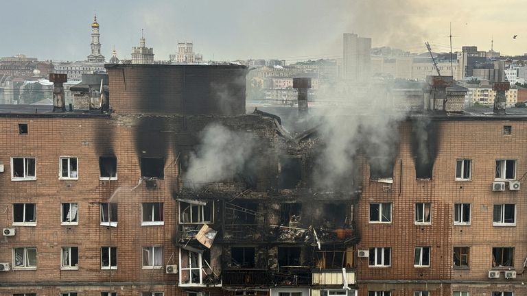 An apartment building hit by Russia's attack on Kharkiv on Saturday.
Pic: Reuters/Vitalii Hnidyi