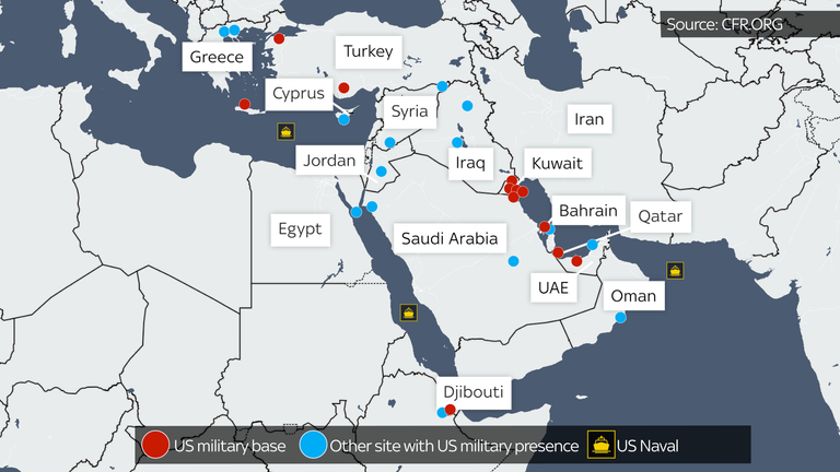 Map of US military bases in the Middle East