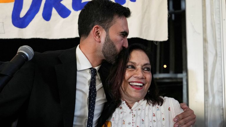 Zohran Mamdani his mother Mira Nair during a watch party for his primary election. Pic: Reuters