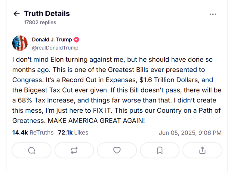 In a post shared on his Truth Social account, the President says he doesn't mind Elon Musk 'turning against' him