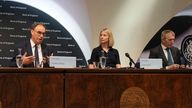 Bank of England governor Andrew Bailey (L) speaks during a news conference. Pic: PA