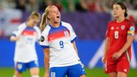 England's Beth Mead celebrates scoring their side's fifth goal of the game during the UEFA Women's Euro 2025. Pic: PA 