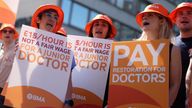 Junior doctors on the picket line outside St Thomas' Hospital, London, on Sunday.
