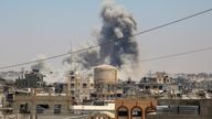 Smoke rises following an Israeli strike in Khan Younis.
Pic: Reuters