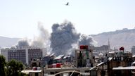 Smoke rises after strikes on Syria's defence ministry in Damascus, Syria.
Pic: Reuters