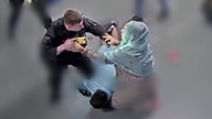PC Zachary Marsden (bottom left) confronting defendants' mother Mrs Akhtar at Manchester airport