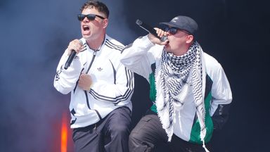 Kneecap's Mo Chara and Moglai Bap on stage at Glastonbury. Photo: PA