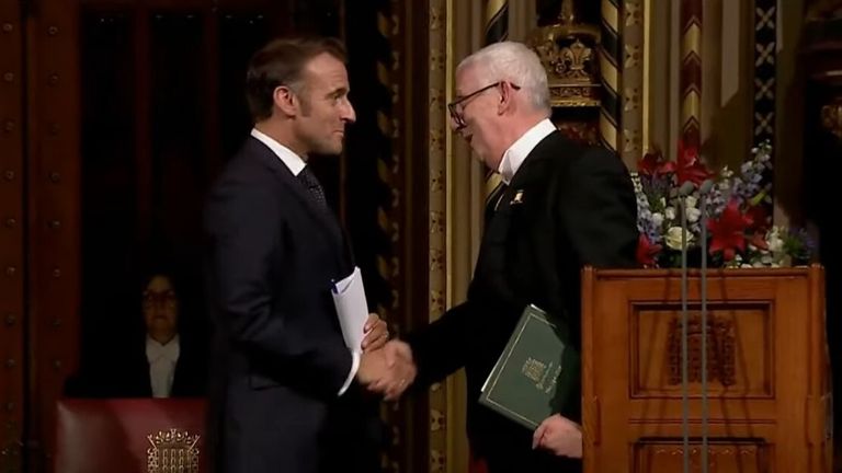 France's President Emmanuel Macron speaks at the Palace of Westminster during a state visit to the UK