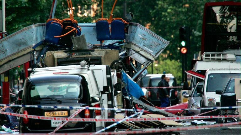 The wreckage of a double-decker bus after the blast at Tavistock Square. Pic: PA