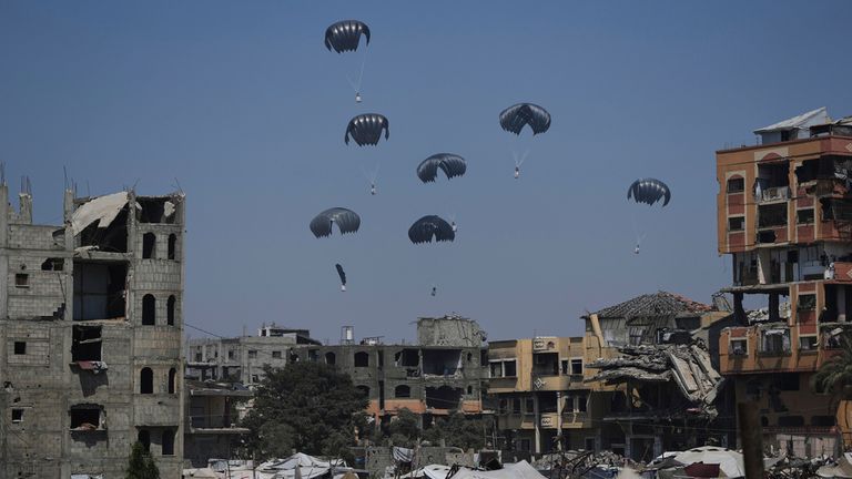 Air drops land in northern Gaza on Sunday. Pic: AP