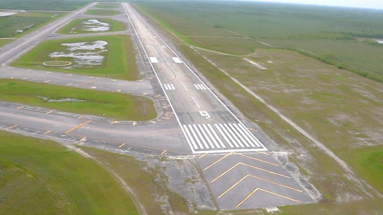 In this image from undated video released by the Office of Attorney General James Uthmeier shows an isolated Everglades airfield about 45 miles (72 kms.) west of Miami that Florida officials said an immigration detention facility dubbed "Alligator Alcatraz" is just days away from being operational. (Courtesy of the Office of Attorney General James Uthmeier via AP)