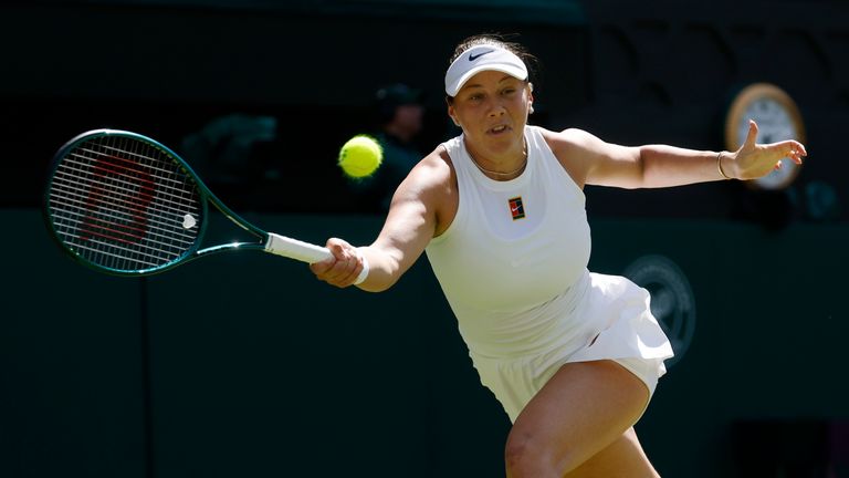 Jul 10, 2025; Wimbledon, United Kingdom; Amanda Anisimova (USA) hits a forehand against Aryna Sabalenka (not pictured) in a ladies' singles 