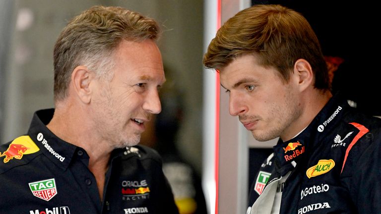 Red Bull team principal Christian Horner talkks to Red Bull driver Max Verstappen in Austria.
Pic: AP