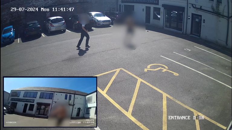 CCTV showing an officer being led by a member of the public to the building where Axel Rudakubana had launched his attack