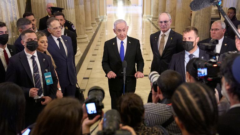 Israeli Prime Minister Benjamin Netanyahu speaks to the media, Tuesday, July 8, 2025, on Capitol Hill in Washington. (AP Photo/Jacquelyn Martin)
