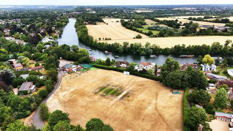 Dried outfield surrounds the pitches at Maidenhead and Bray Cricket Club, Bray, Berkshire. Pic: PA