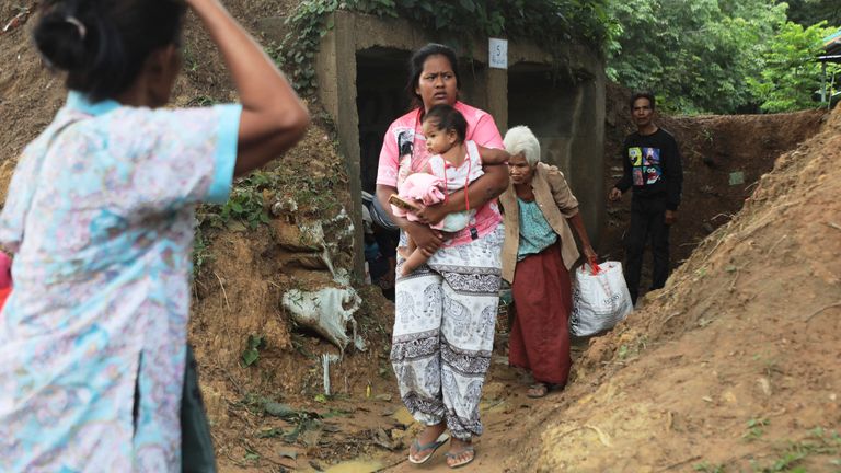 Thai people who fled clashes between Thai and Cambodian soldiers in Surin province, northeastern Thailand. Pic: AP