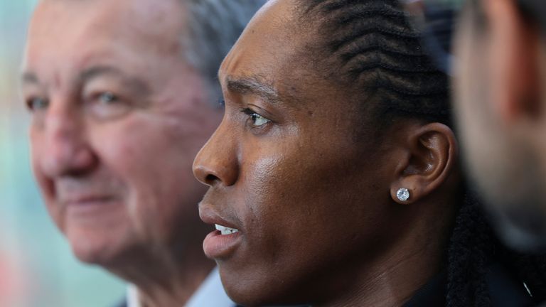 Caster Semenya with lawyer Gregory Nott, left, after she won a partial victory at the European Court of Human Rights.
Pic: AP