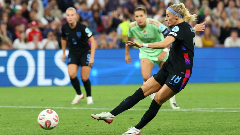 Chloe Kerry takes the penalty that won England the match. Pic: AP