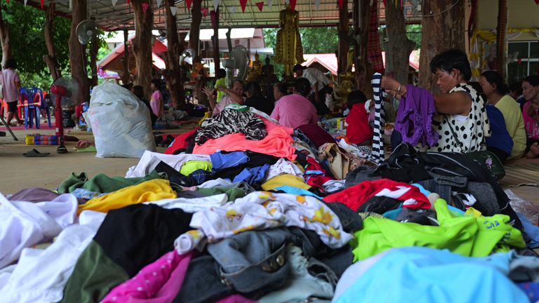 Clothes brought by Thai evacuees at Baan Nong Sanom Temple in Si Sa Ket province, Thailand