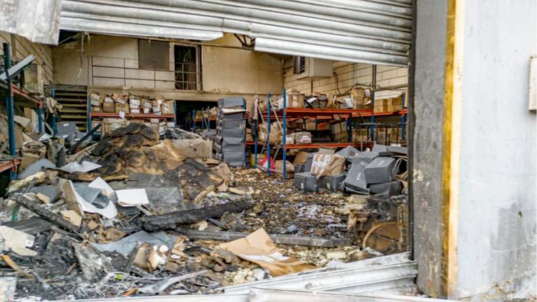 Damage to an east London warehouse that was shown to the jury at the Old Bailey.
Pic: PA