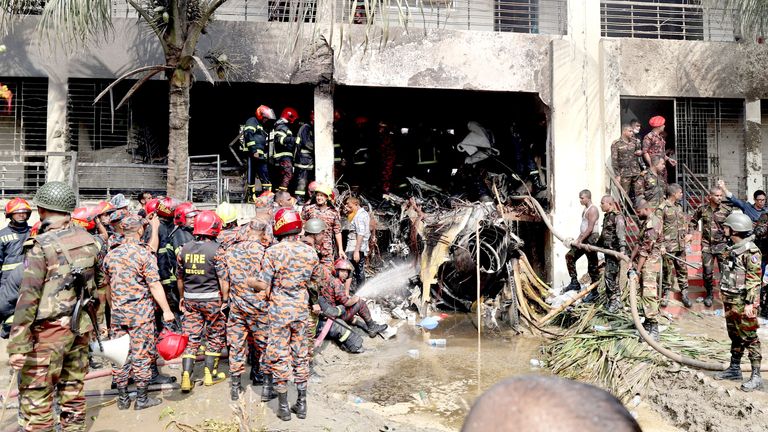 The wreckage of an air force training aircraft after it crashed into Milestone College campus, in Dhaka.
Pic: Reuters