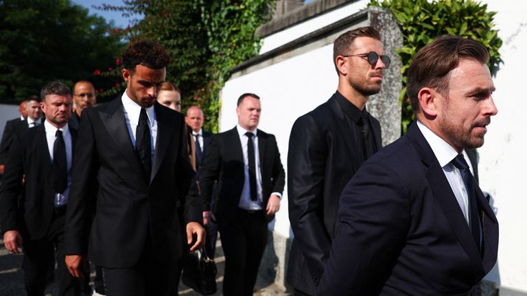 Former Liverpool's Captain Jordan Henderson arrives on the day of the funeral ceremony of Liverpool's Portuguese soccer player Diogo Jota an