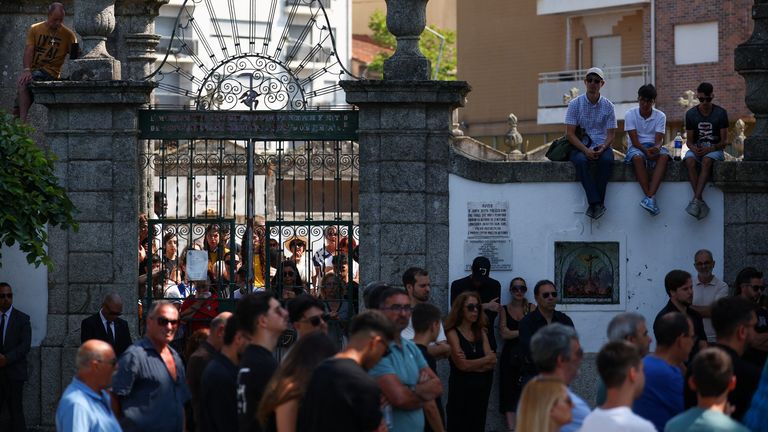 
People gather outside the Chapel of the Resurrection, on the day of the funeral ceremony of Liverpool's Portuguese soccer player Diogo Jota