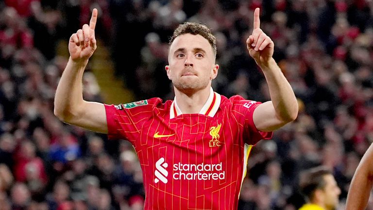 Liverpool&#39;s Diogo Jota celebrates scoring their side&#39;s second goal of the game during the Carabao Cup third round match at Anfield, Liverpool. Picture date: Wednesday September 25, 2024.