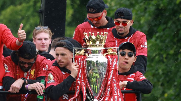 Liverpool's Diogo Jota holds the  Premier League trophy with Wataru Endo and teammates.
PIc: Reuters
