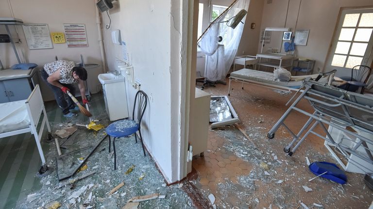 damaged ward in a compound of hospital which was hit by a Russian missile strike, amid Russia's attack on Ukraine, in the city of Kamianske,