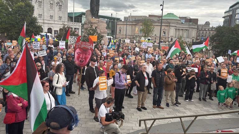 People take part in a Stop Trump Scotland protest at the Union Terrace Gardens in Aberdeen, as US President Donald Trump begins his five-day