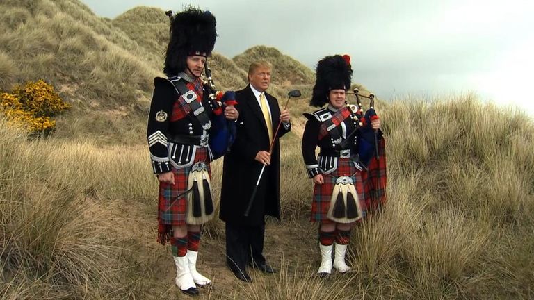 Donald Trump visits the site of a proposed golf course on the Menie Estate near Aberdeen in 2010
