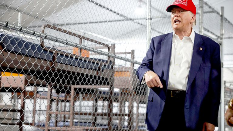 Donald Trump visits a temporary migrant detention center informally known as "Alligator Alcatraz" in Ochopee.
Pic: Reuters