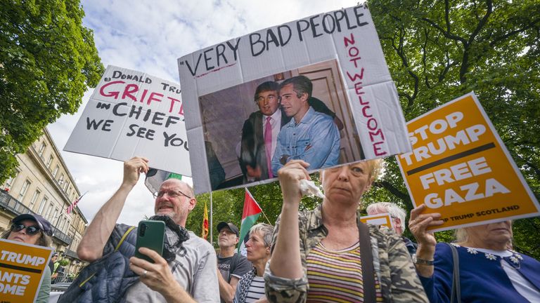 People take part in a Stop Trump Scotland protest outside the US Consulate in Edinburgh, as US President Donald Trump begins his five-day pr