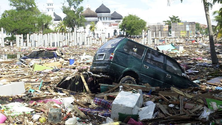 An area hit by both the huge earthquake and subsequent tsunamis in Indonesia. Pic: AP