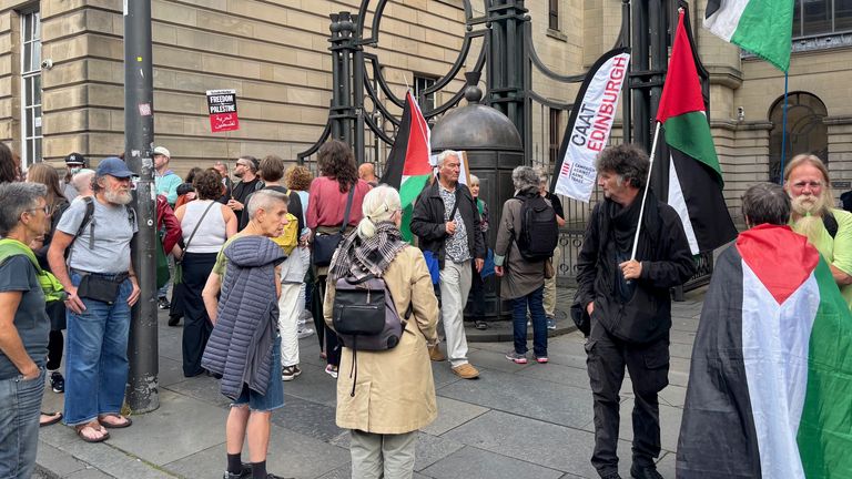 Protesters gathered outside Edinburgh Sheriff Court. Pic: PA