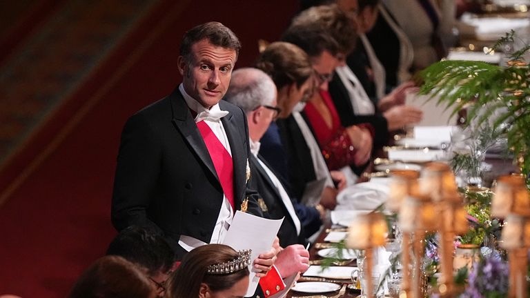 Emmanuel Macron gives a speech at a state banquet at Windsor Castle. Pic: PA