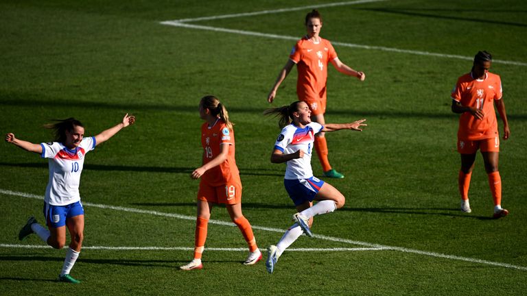 Georgia Stanway celebrates scoring England's second goal with Ella Toone as Netherlands' Wieke Kaptein looks dejected.
Pic: Reuters