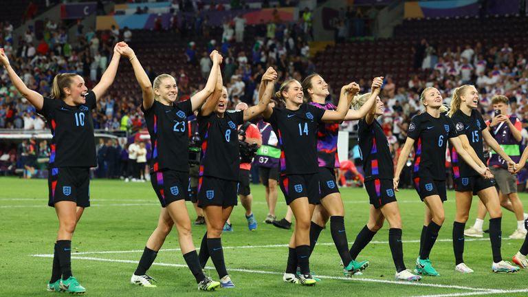 England celebrate after defeating Italy in the Women's Euro 2025 semi-final. Pic: Reuters
