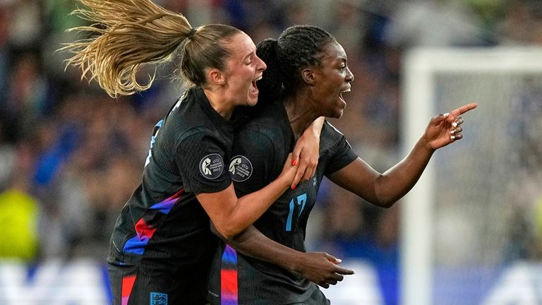 England's Michelle Agyemang, right, celebrates with Ella Toone after scoring her side's first goal. Pic: AP