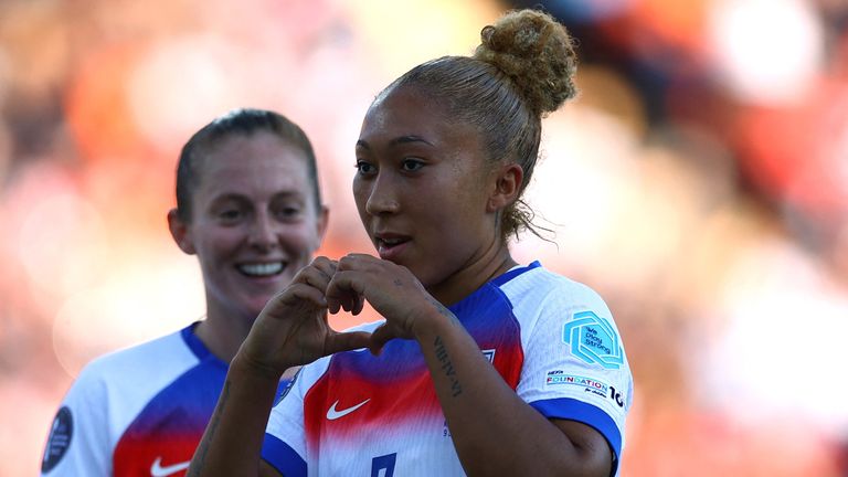 Lauren James celebrates one of her two goals in England's win over the Netherlands.
Pic: Reuters