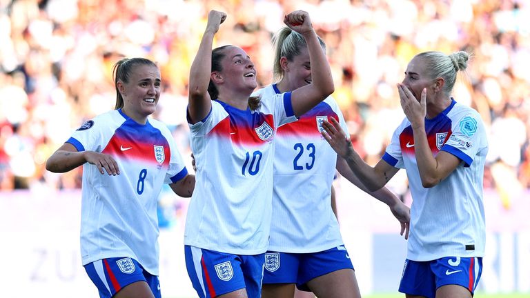 Ella Toone celebrates scoring England's fourth goal with Alessia Russo, Georgia Stanway and Alex Greenwood.
Pic: Reuters