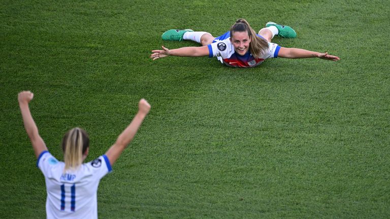 England's Ella Toone and Lauren Hemp celebrate in the Lionesses rout of the Netherlands.
Pic: Reuters