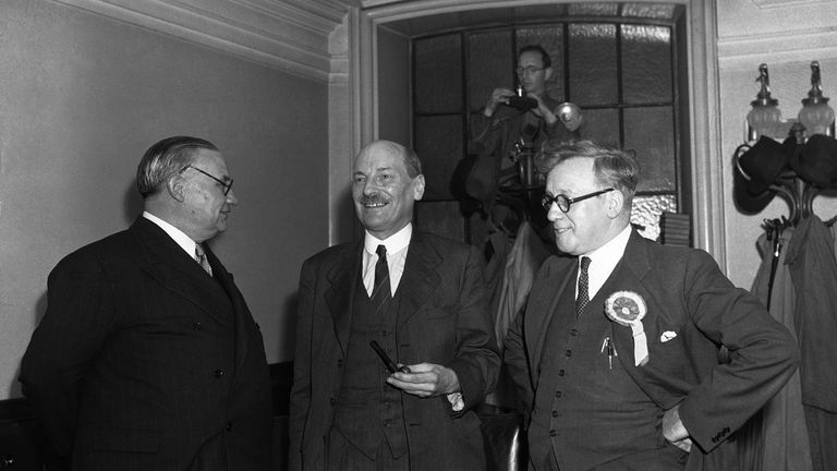 (L-R) Ernest Bevin, Clement Attlee and Herbert Morrison at Central Hall Westminster in London after Labour won the 1945 election. Pic: AP