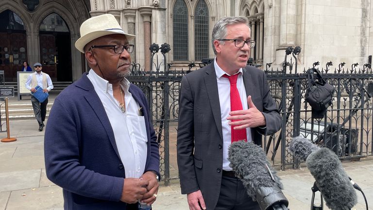 Errol Campbell Jr and solicitor Matt Foot speaking outside the Royal Courts of Justice.
Pic: PA