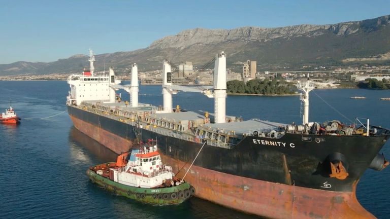 The Liberian-flagged bulk carrier Eternity C is seen in Split, Croatia, Jan. 30, 2023. (Sinisa Aljinovic via AP)