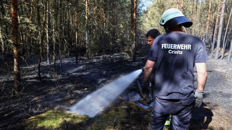 Os incêndios estão trabalhando para extinguir incêndios durante o calor, perto da cidade de Kleinbahr. Reuters de imagens