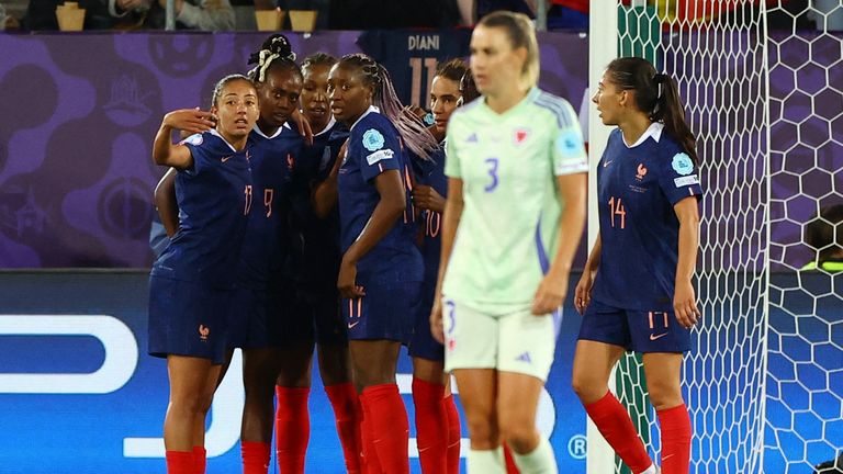 France's Grace Geyoro celebrates scoring their fourth goal against Wales.
Pic: Reuters